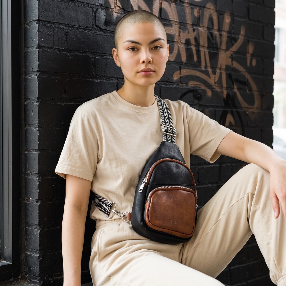 Cluci Unisex Black‎ Brown Vegan Leather Sling Bag Crossbody Geometric Strap